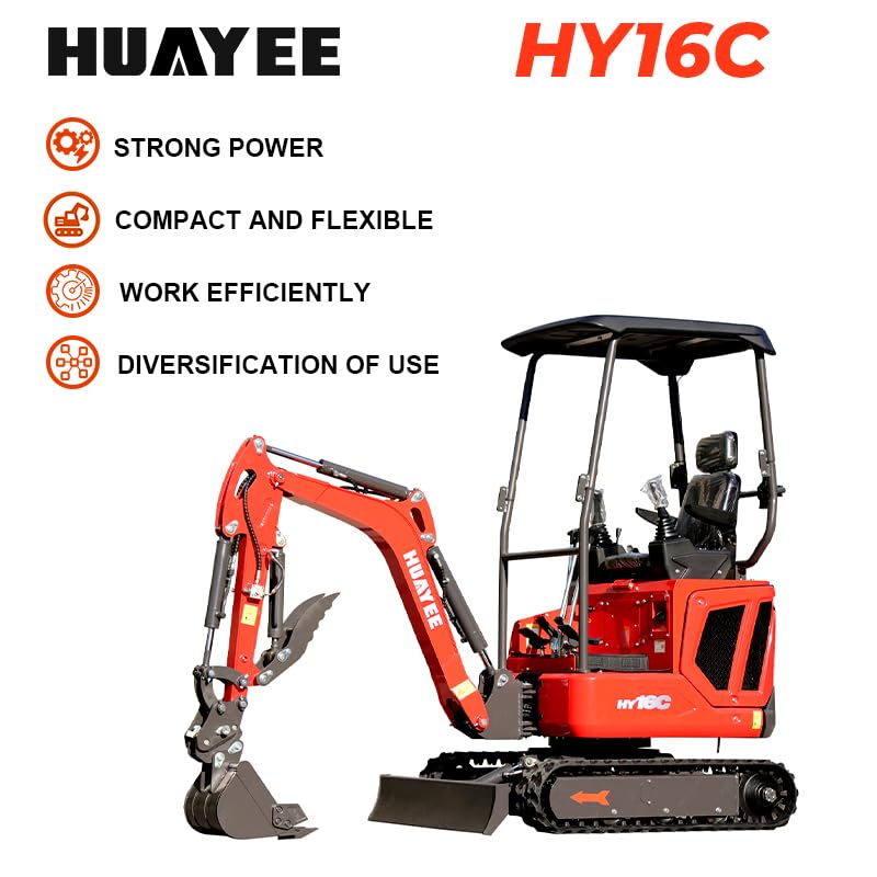 HUAYEE 1.6 Ton Mini Excavator, with 14HP KubotaDieselEngine, Swing Function, Pilot Control System, Hydraulic thumb clamp, Semi-Auto Quick Coupler, Mobile phone & Water cup holder, Ships from US. HY16C