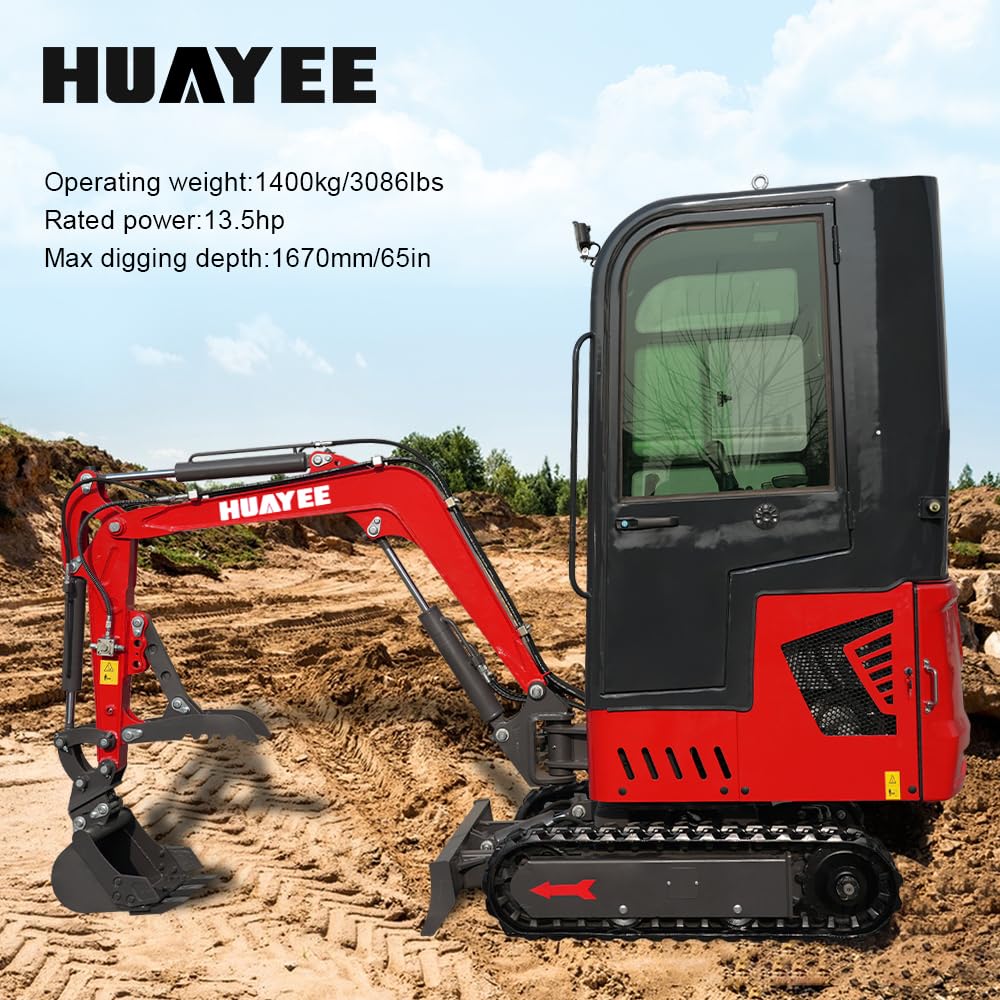 HUAYEE 1.4 Ton Cab Version Mini Excavator - HY12F, with 13.5 HP B&S Gasoline Engine, Swing Function, Pilot Control System, Excavator Thumb, Manual Quick Hitch, Hydraulic Cooler, Ships from US